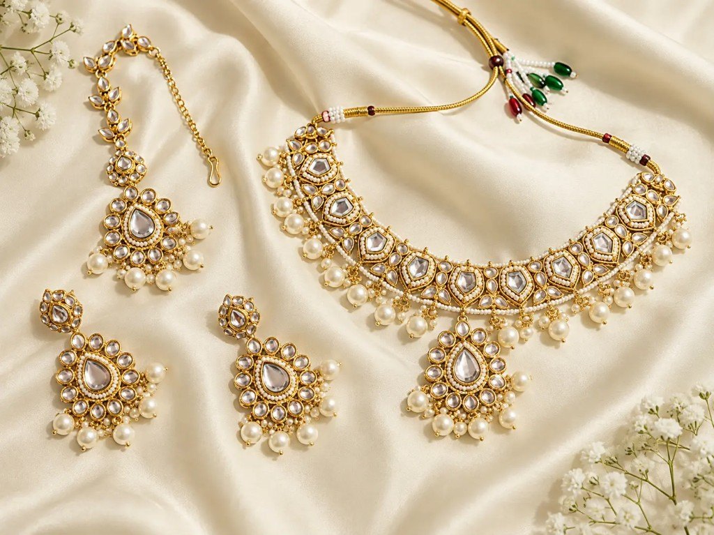 Gold and pearl bridal necklace set with matching earrings and maang tikka on silk