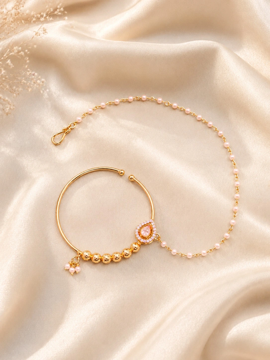 Oval stone pearl chain nath jewellery add-on for rental