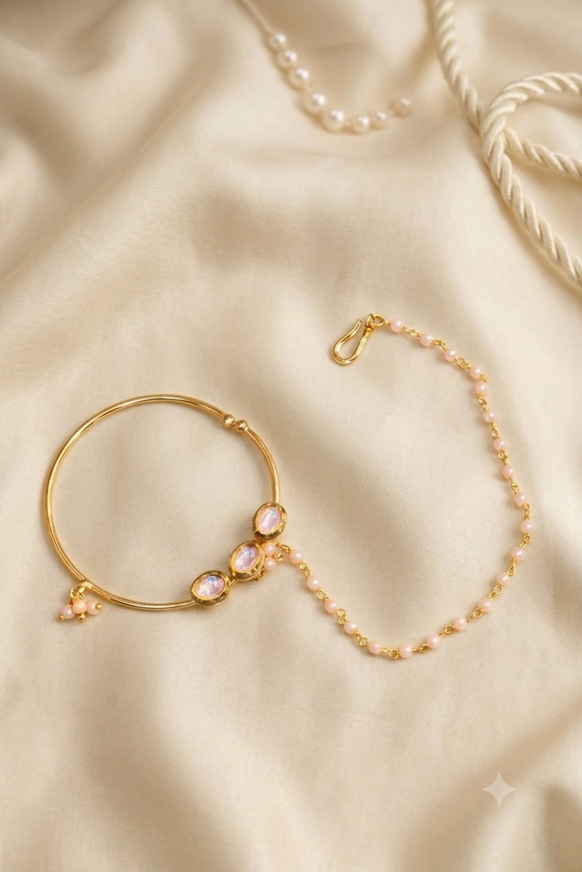 Triple stone pearl chain nath jewellery add-on for rental