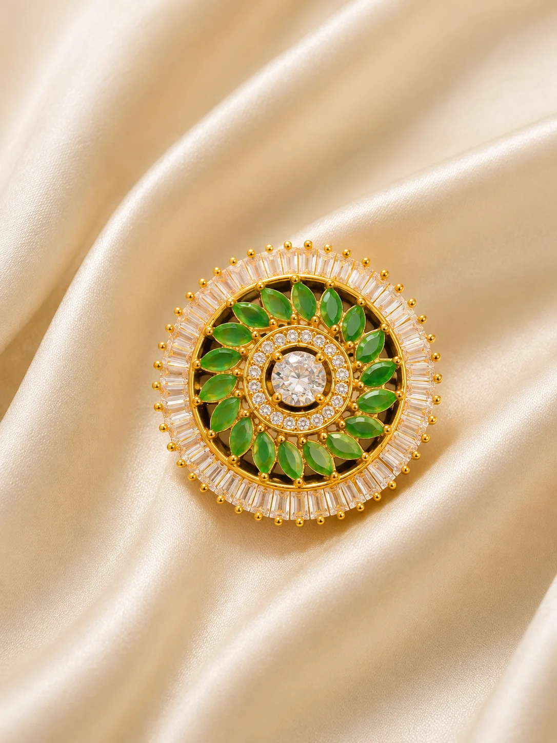 Green petal baguette halo statement ring add-on for rental
