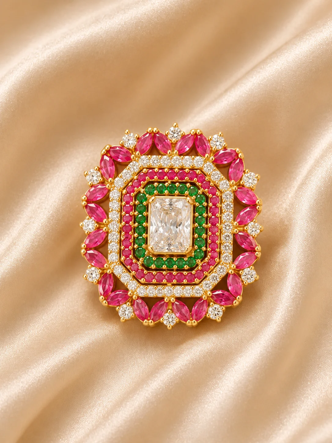Pink green rectangular petal halo statement ring add-on for rental