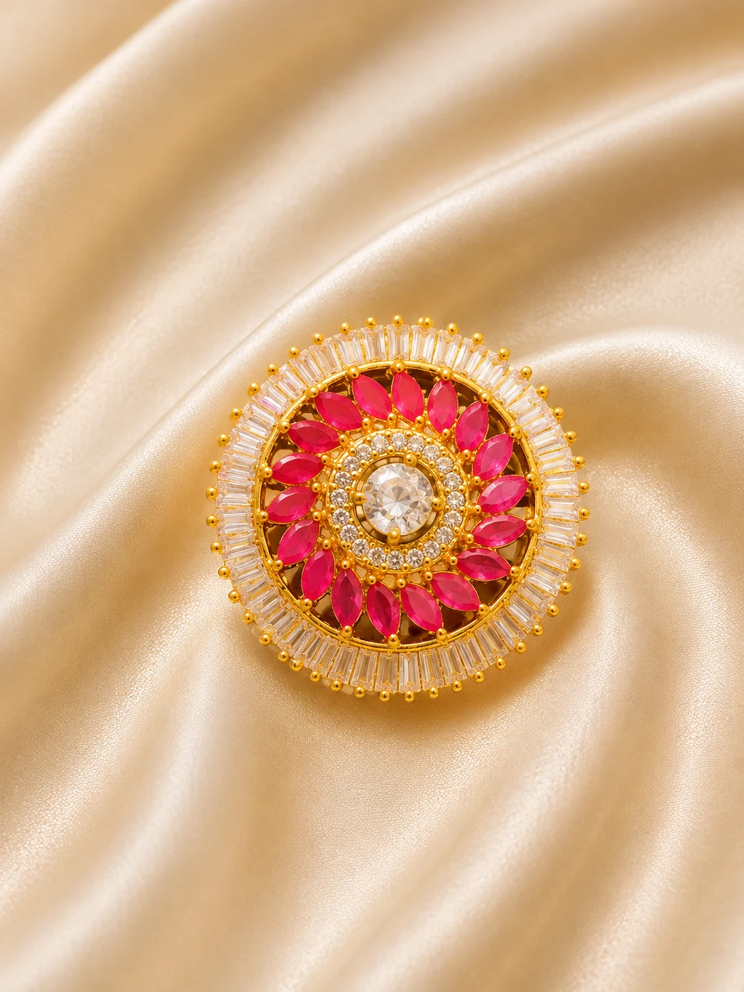 Pink petal baguette halo statement ring add-on for rental