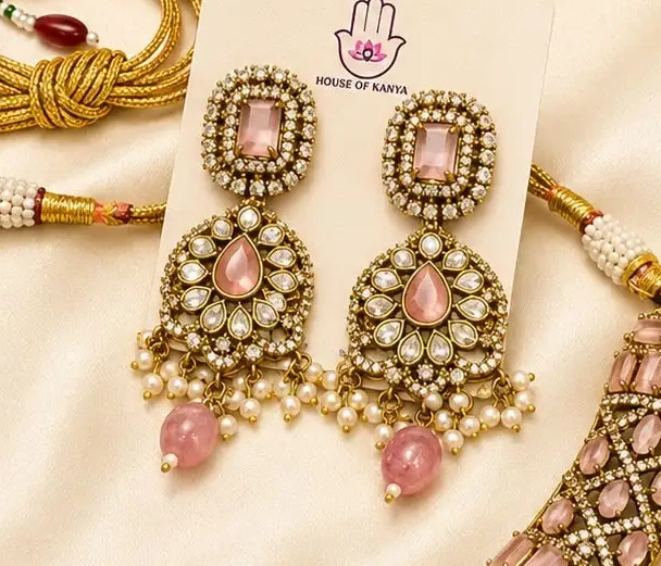 Blush Peacock Choker Set — craftsmanship close-up of peacock centre motif | House of Kanya