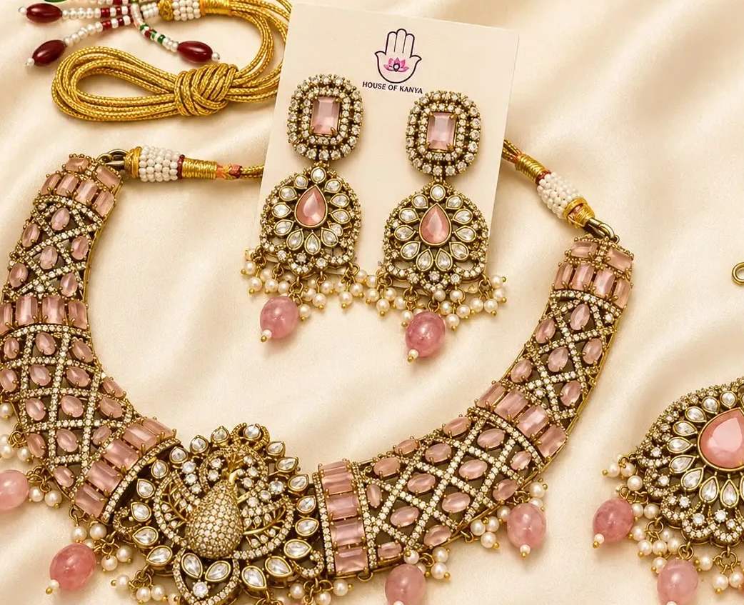 Blush Peacock Choker Set — scale view of necklace, earrings and tikka | House of Kanya