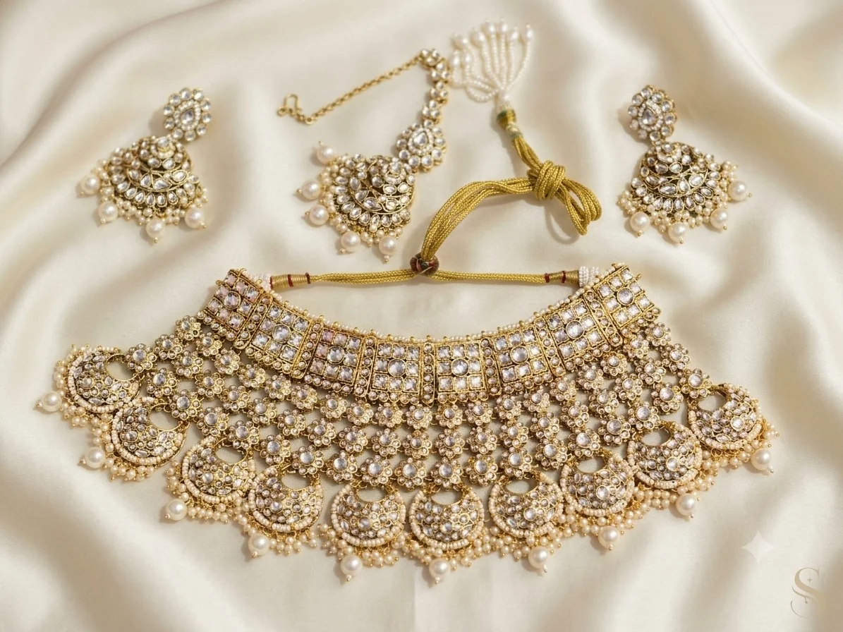 Floral Pearl Fringe Bridal Set with matching earrings and maang tikka on rent in Gurgaon