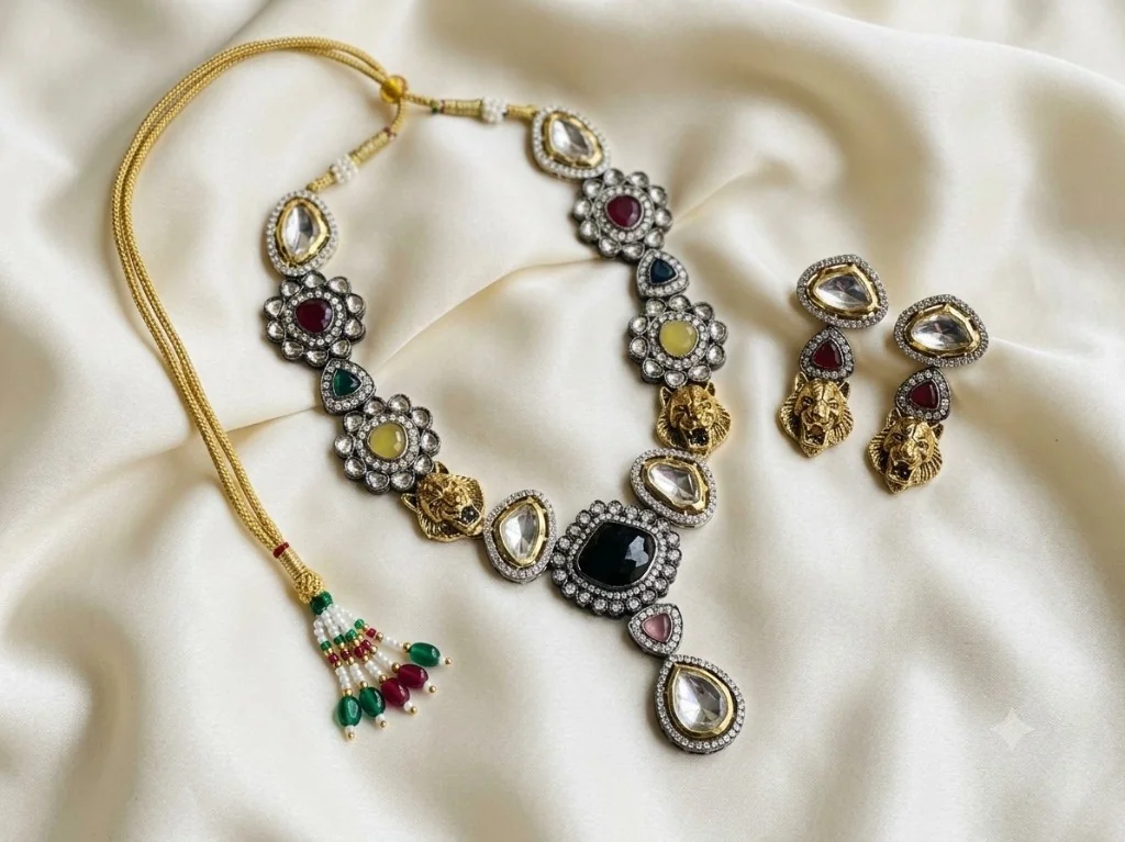 Golden Lion Motif Multicolor Necklace Set with matching earrings