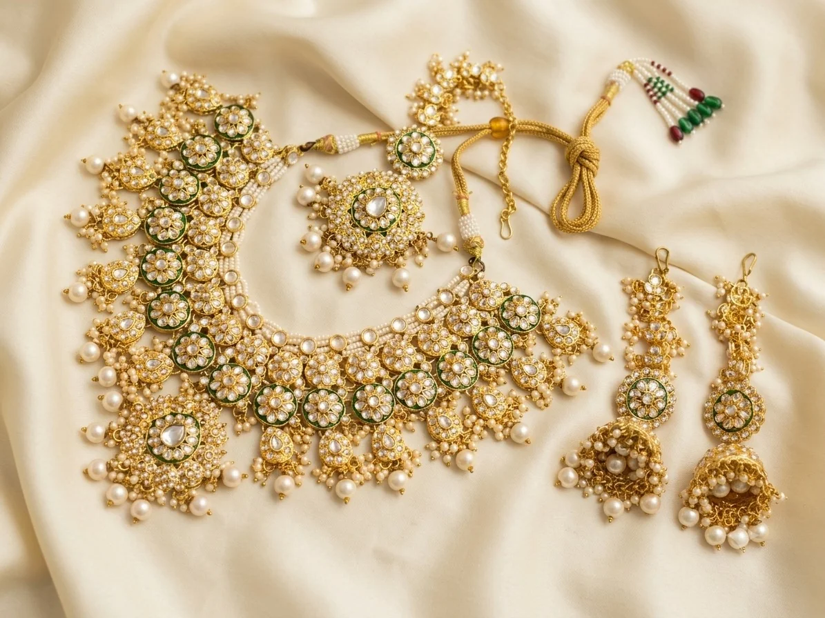 Green Floral Pearl Bridal Set with matching earrings and maang tikka