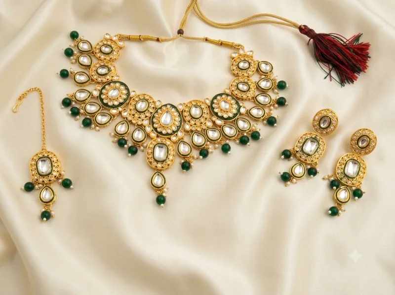 Green Floral Stone Necklace Set — jewellery on rent in Gurgaon