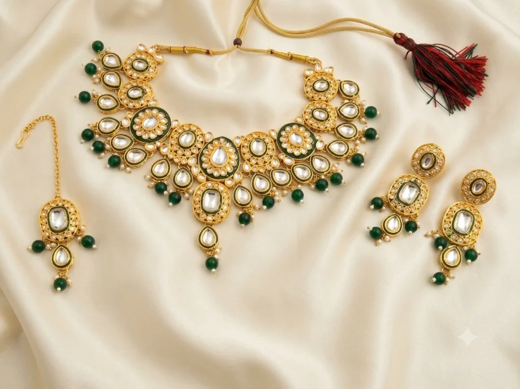 Green Floral Stone Necklace Set with matching earrings and maang tikka