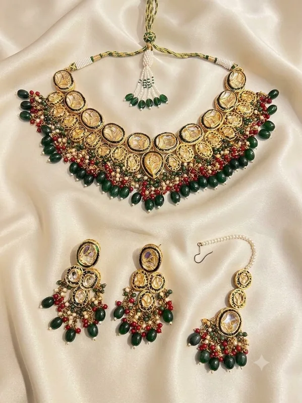 Green & Red Pearl Bridal Set — jewellery on rent in Gurgaon