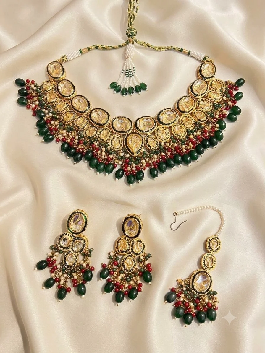 Green & Red Pearl Bridal Set with matching earrings and maang tikka
