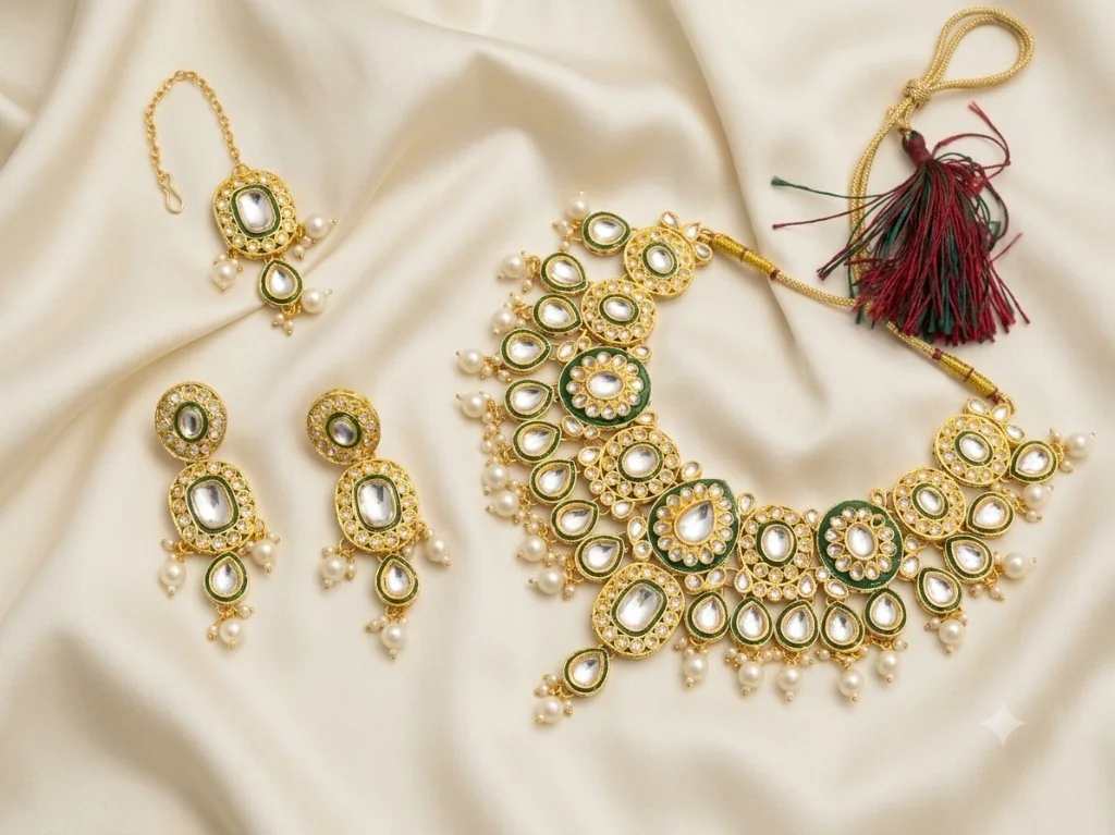 Green Stone & Pearl-Accent Necklace Set with matching earrings and maang tikka