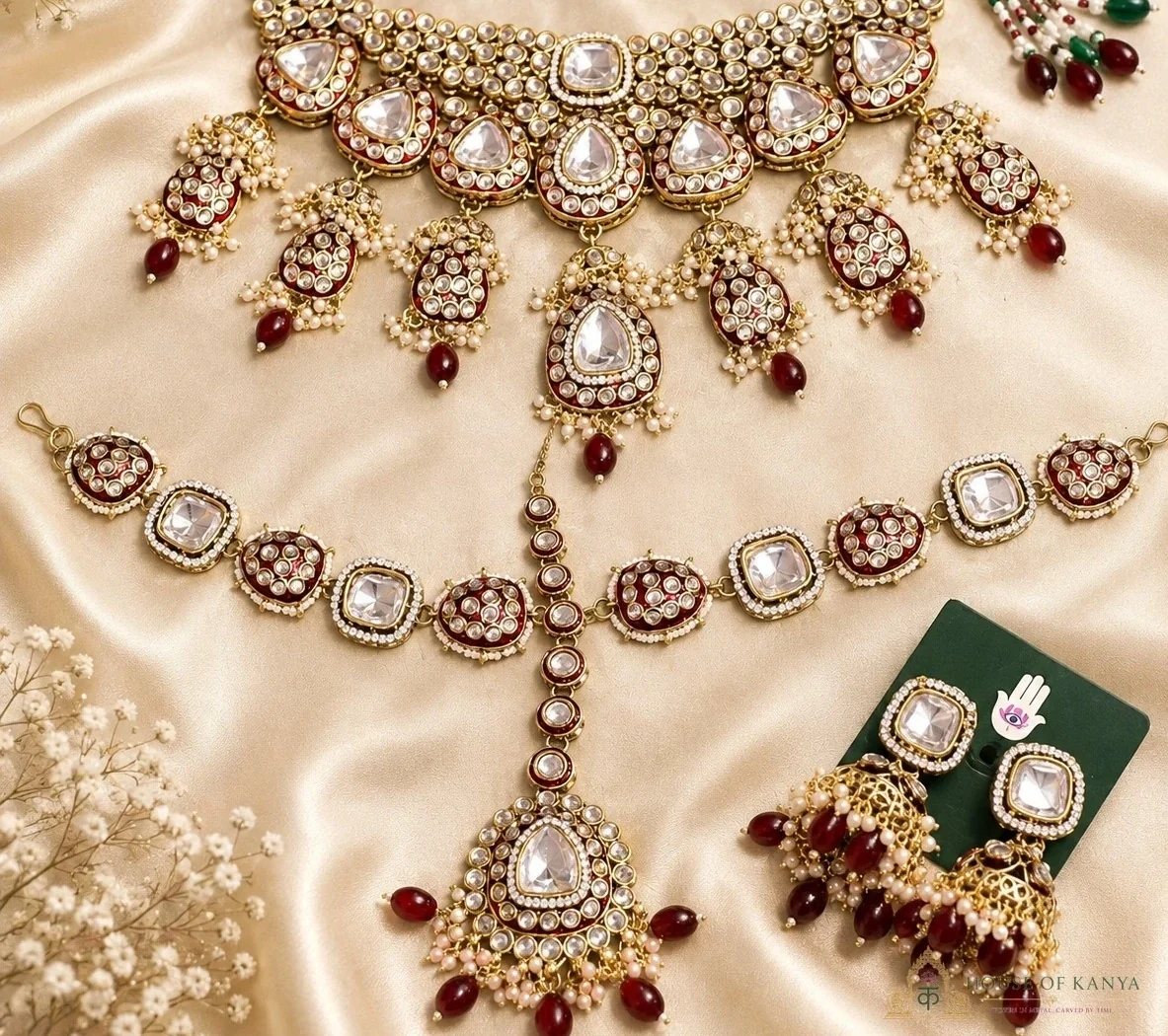 Maroon Drop Kundan Polki Bridal Set — craftsmanship close-up | House of Kanya