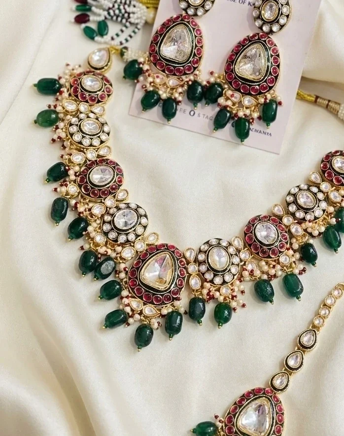 Emerald Drop Maroon Polki Kundan Bridal Set — craftsmanship close-up | House of Kanya