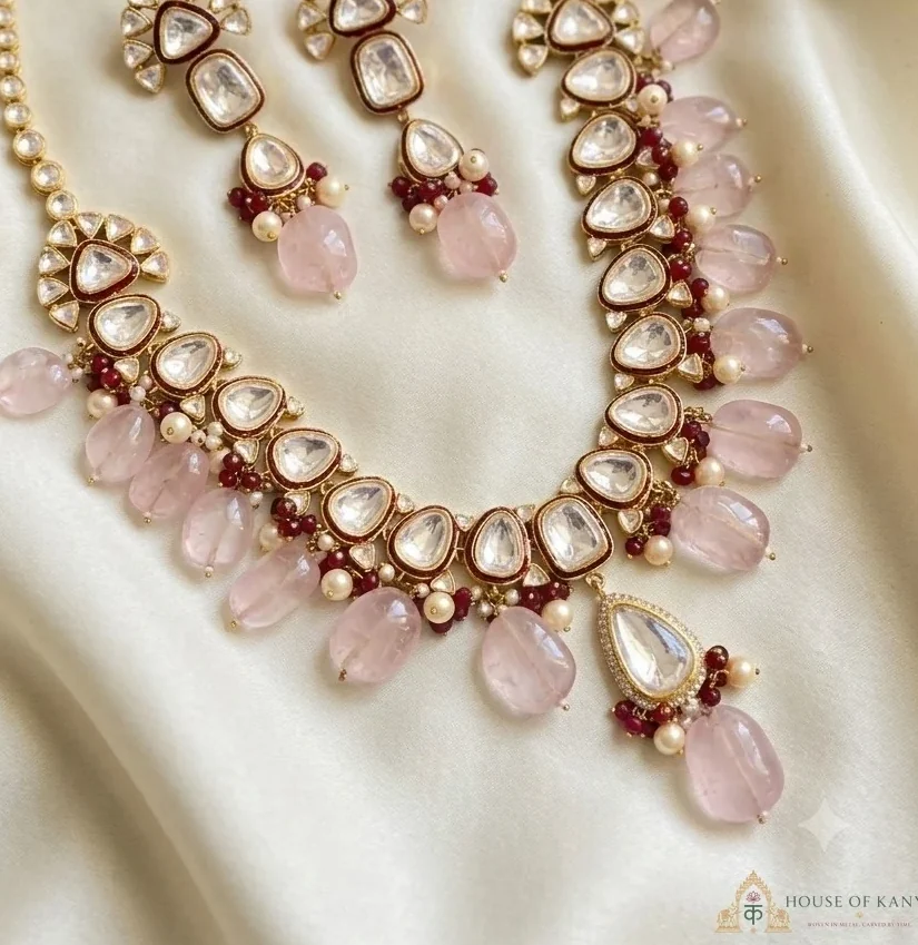 Rose Quartz Polki Kundan Engagement Set — craftsmanship close-up | House of Kanya