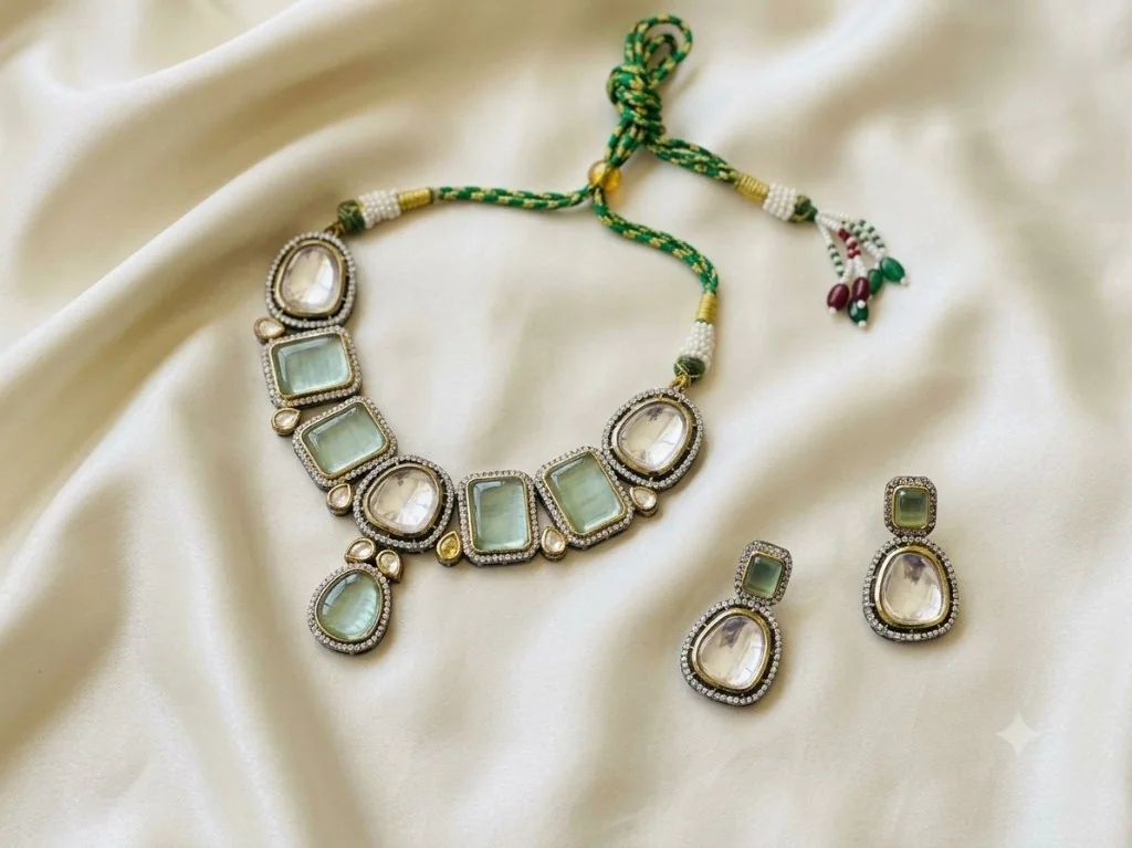Mint Green Daak Polki Necklace Set with matching earrings
